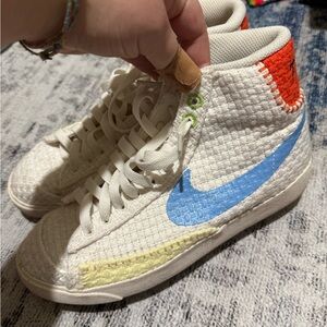 Nike Kids High-Top Sneakers - White, Blue, and Orange